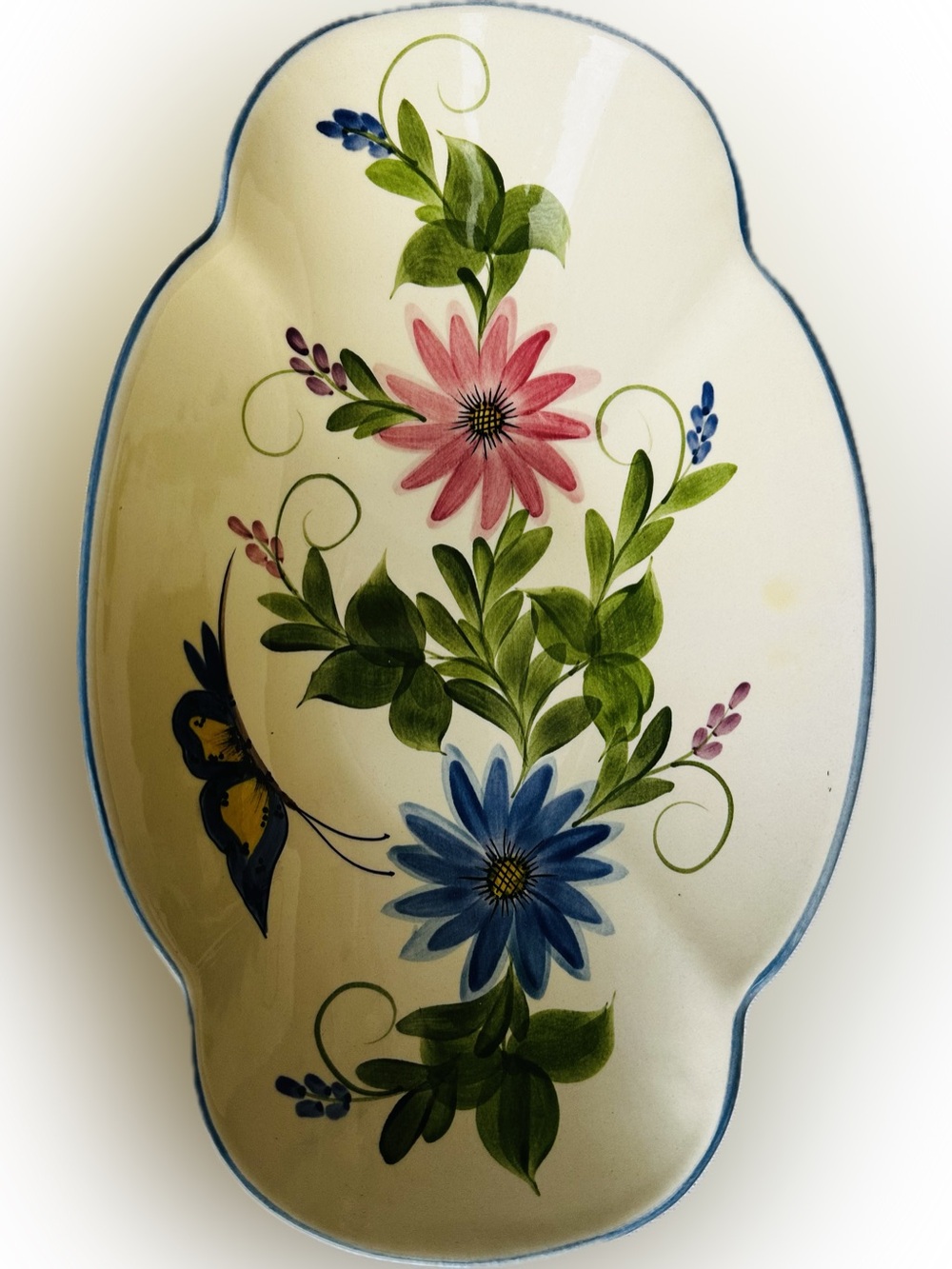 Laurie Gates Hand-Painted Floral Ceramic Dish in Cream with Pink & Blue Flowers